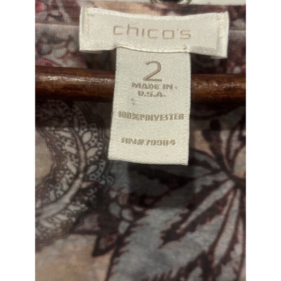 Chico’s Blouse Top Watercolor Size 2 Large Blue Pink Faux Diamond Studded 3/4 - Picture 2 of 11